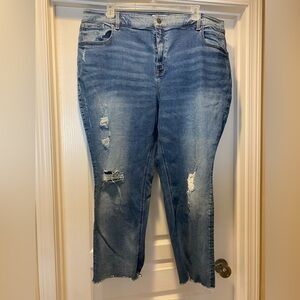 Lane Bryant, size 24, distressed jeans and frayed ankle hem.